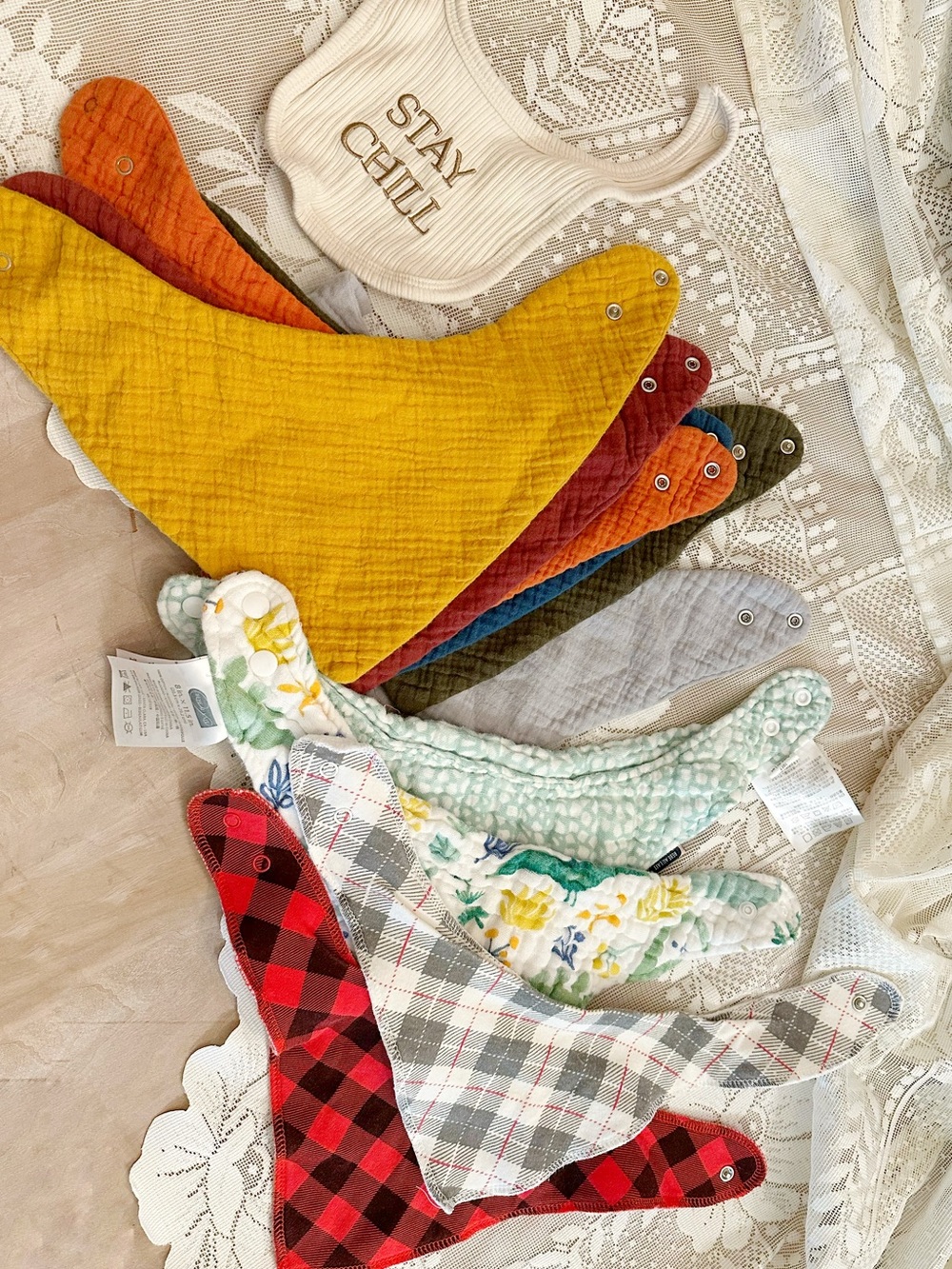 Lot of 11 Quilted Baby Bandana Bibs in Mustard, Rust, Blue, Olive & Plaid